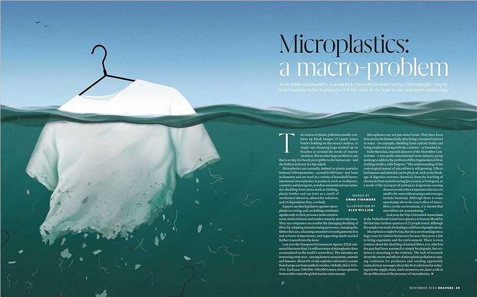 Conceptual image shows a white t-shirt suspended in water by a black hanger, visualizing microplastic pollution's impact on fashion.