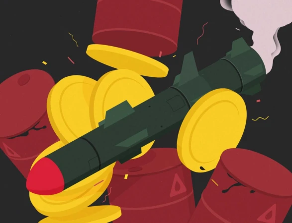 Digital illustration of a missile surrounded by yellow gold coins and red oil barrels against a dark background