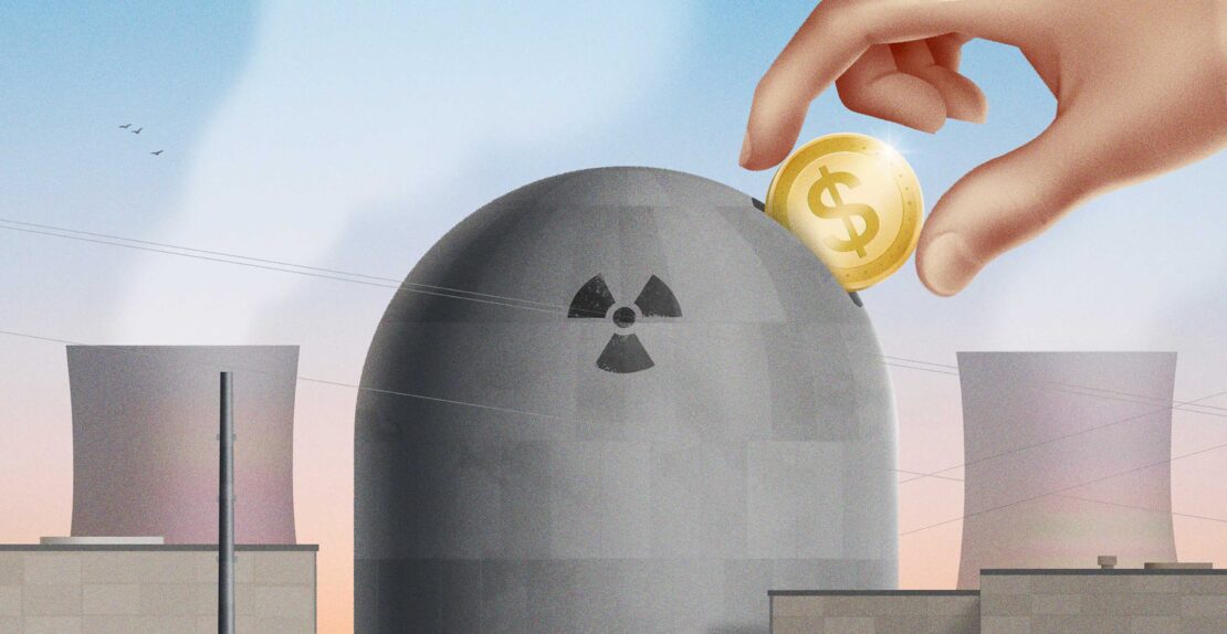 Illustration of a hand putting a coin with a dollar sign into a nuclear power plant shaped like a piggy bank against a blue sky.
