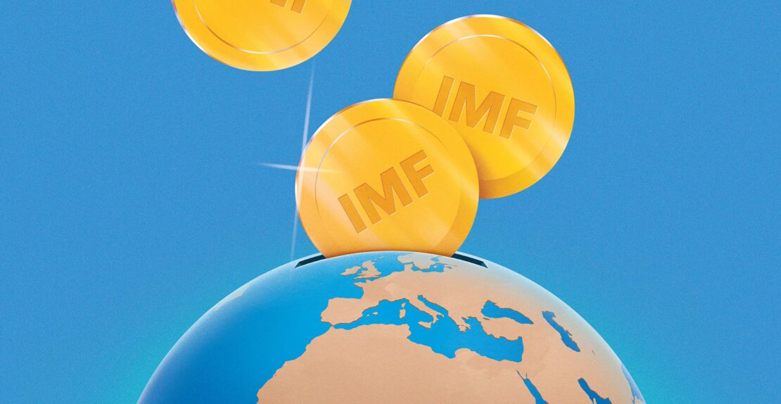 Illustration of gold IMF coins dropping into a globe with Europe and Africa visible, set against a bright blue background.