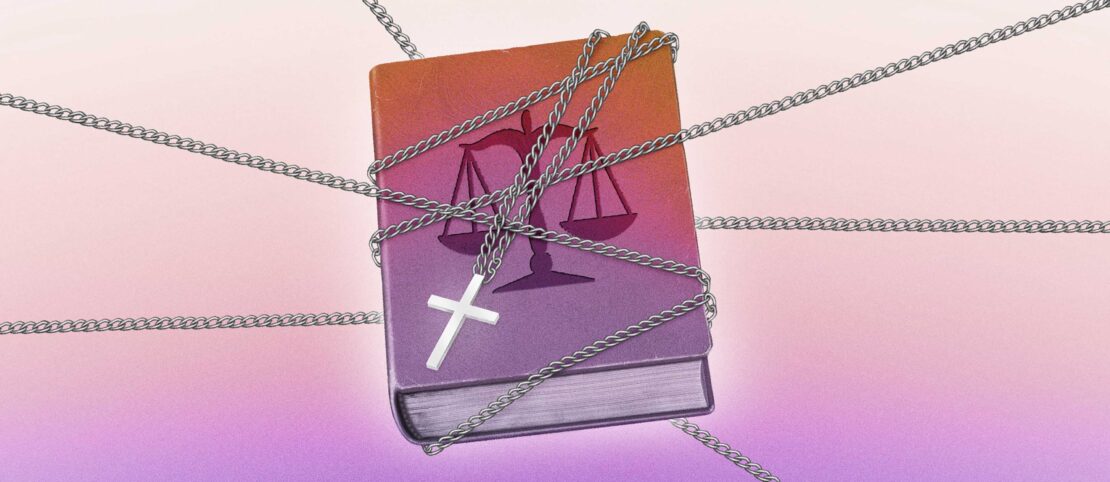Illustration of a book with the scales of justice and a cross pendant, bound with chains, set against a soft pastel background.