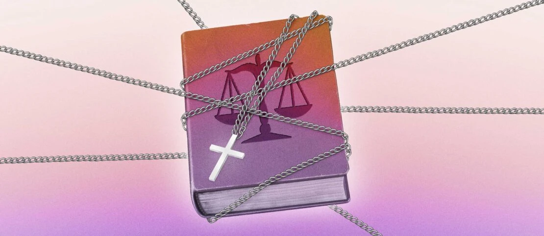 Illustration of a book with the scales of justice and a cross pendant, bound with chains, set against a soft pastel background.