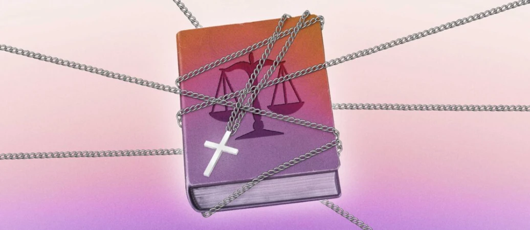 Illustration of a book with the scales of justice and a cross pendant, bound with chains, set against a soft pastel background.