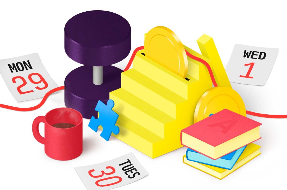 Isometric illustration of a financial chart with a coin slot, books, a dumbbell, coffee mug, and calendar pages on a white background.