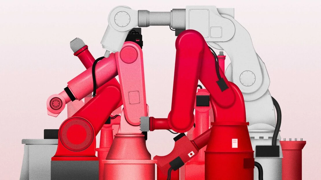 Robotic arms in red and white colors are mechanically intertwined, with a light pink background and a focus on automation.