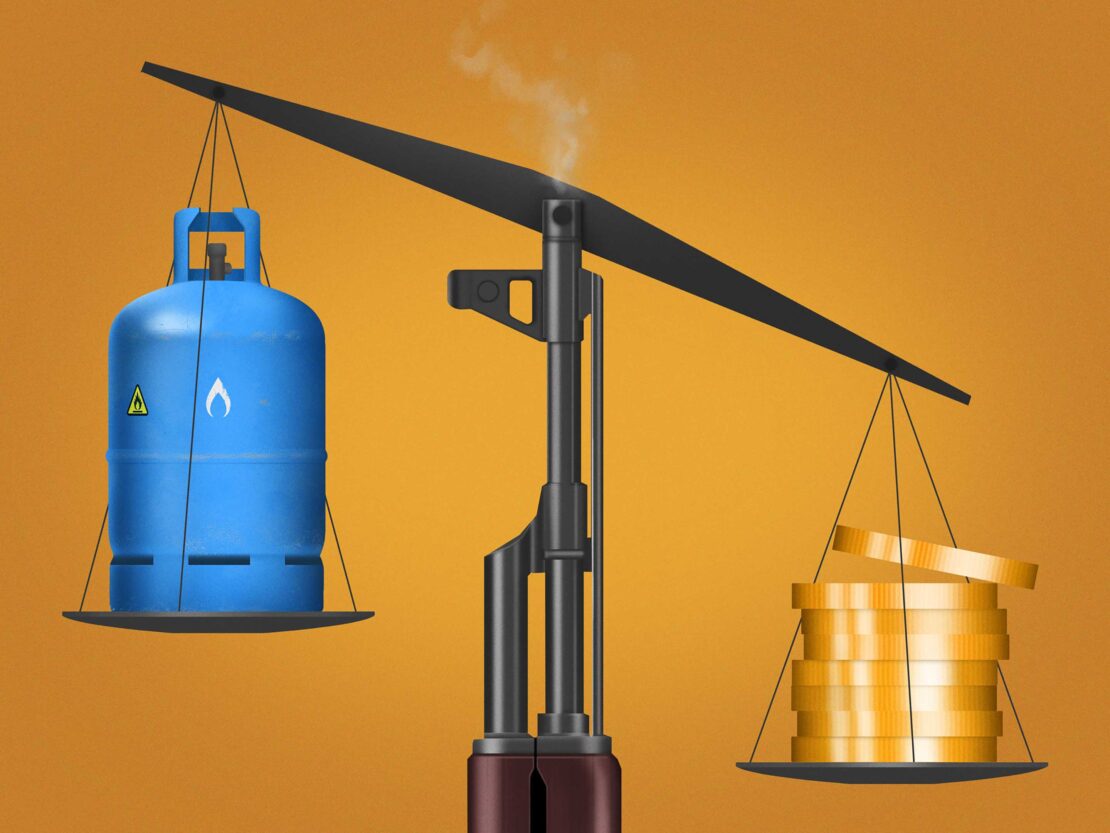 Image shows a balance scale with a blue gas cylinder on one side and a stack of gold coins on the other, set against an orange background.