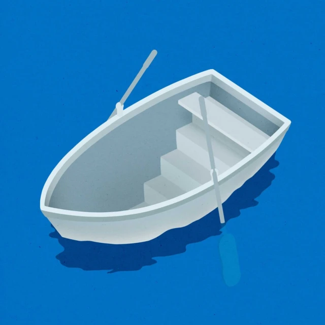 Illustration of a light blue rowboat on a blue background with two oars, depicted from a high angle in an illustrative style.