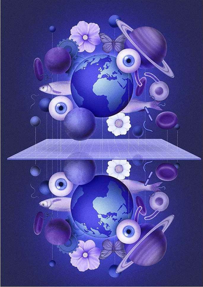 Surreal illustration featuring floating Earth globes, flowers, fish, planets, eyeballs, and geometric shapes in various shades of blue and purple.