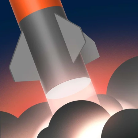Illustration of a gray and orange rocket ship launching with smoke trails against a gradient blue and orange sky background.