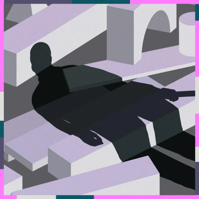 Illustration of a reclining figure surrounded by geometric shapes and structures in a pastel and grayscale palette with a graphic border.