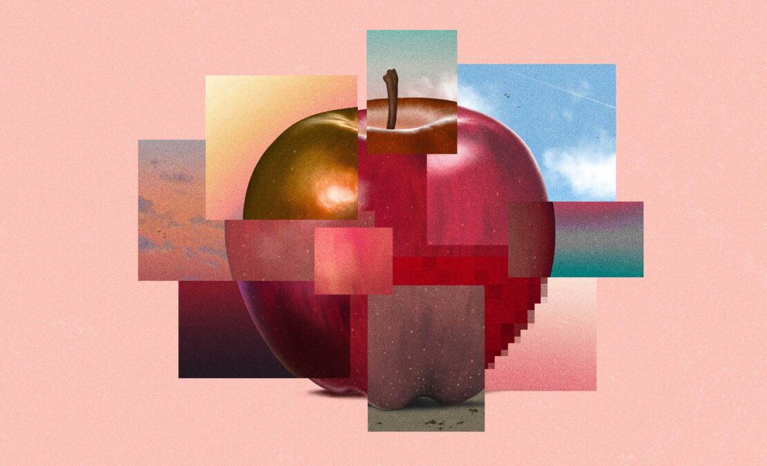 Collage of apple sections with various textures and colors, presented on a light pink background, creating a modern, fragmented fruit artwork.