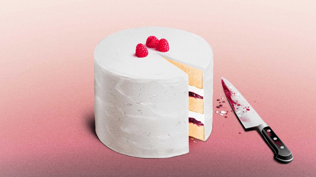 Illustration of a sliced cream cake topped with raspberries, set against a pink gradient background, beside a knife with red stains.