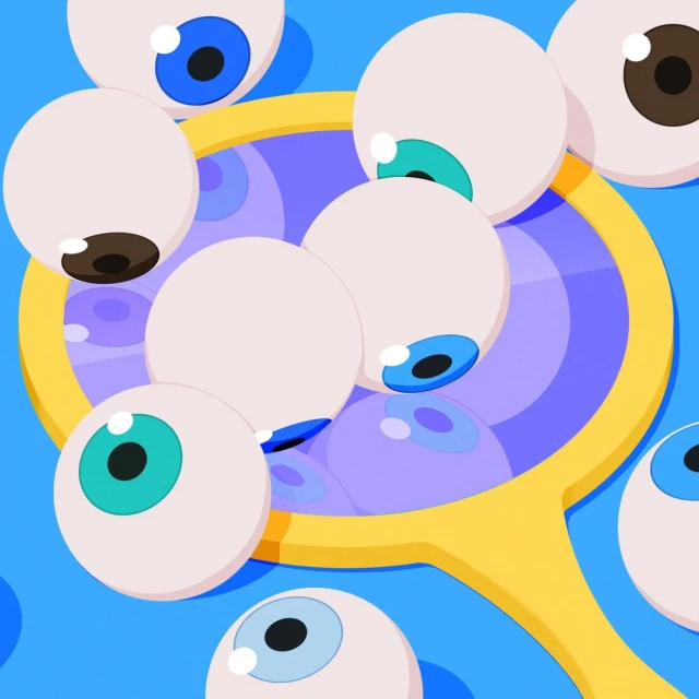 Illustration of multiple colorful eyeballs arranged in and around a yellow-handled magnifying glass against a light blue background.
