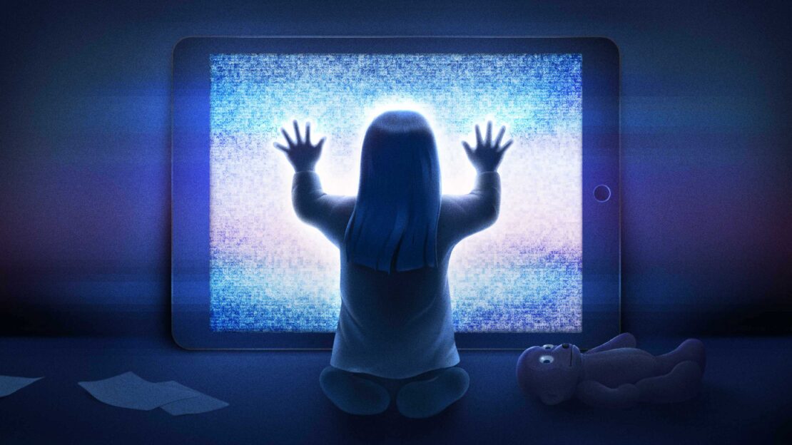 Child facing a glowing digital tablet, hands touching the screen, with a toy and scattered papers in a dark, surreal setting.