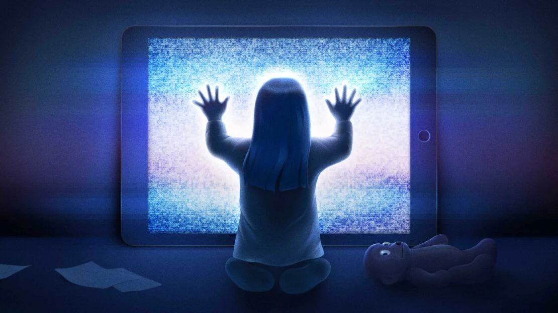 Child facing a glowing digital tablet, hands touching the screen, with a toy and scattered papers in a dark, surreal setting.