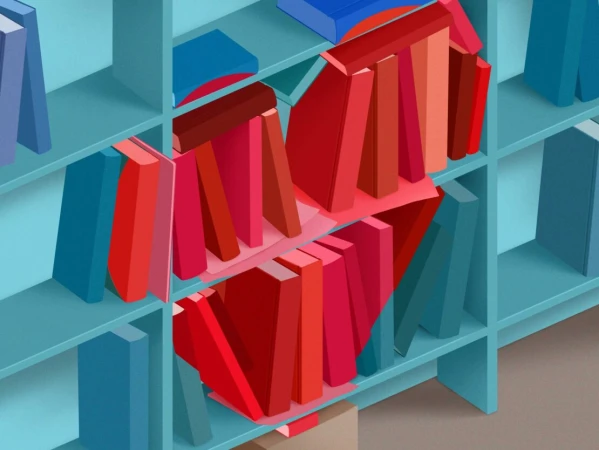 An isometric digital illustration of a turquoise bookshelf filled with red and blue books arranged to form a heart shape.