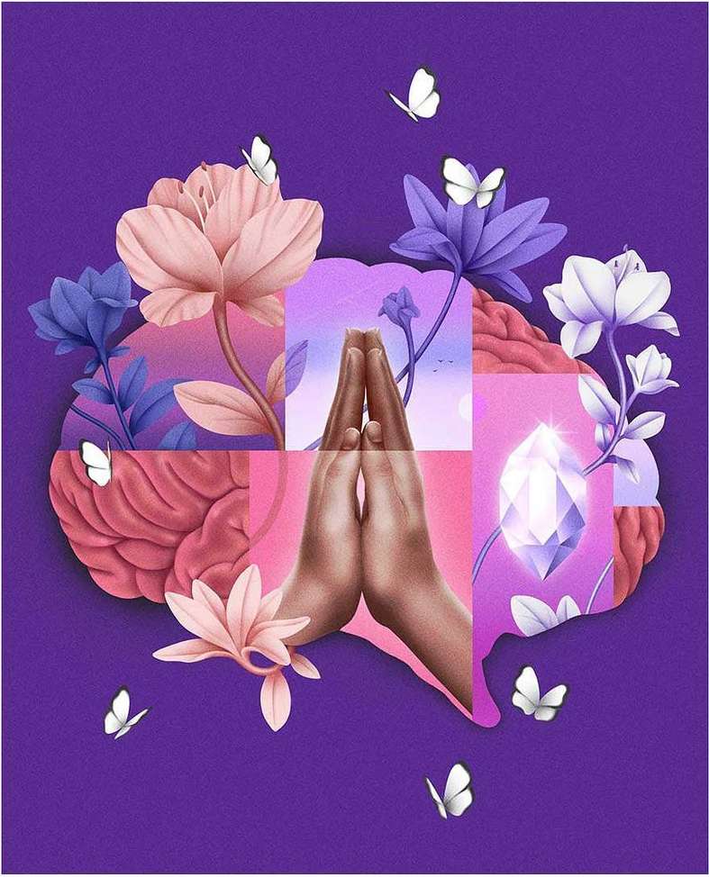 Illustration of praying hands with flowers, butterflies, and a crystal on a purple background, symbolizing mental health and spirituality.