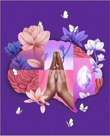 Illustration of praying hands with flowers, butterflies, and a crystal on a purple background, symbolizing mental health and spirituality.