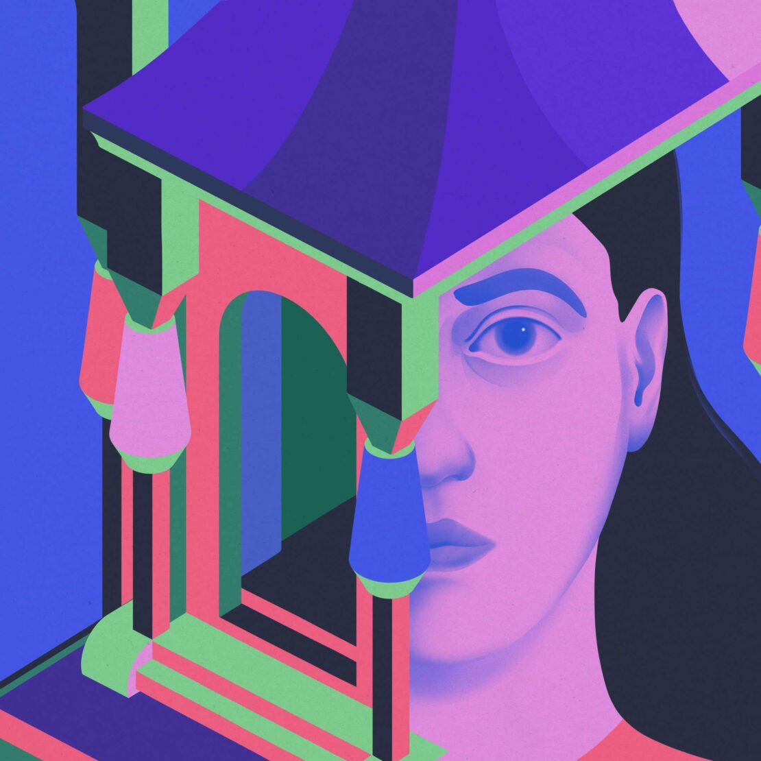 Artwork features a woman's face partially obscured by a geometric structure in shades of purple, green, and pink, against a blue backdrop.