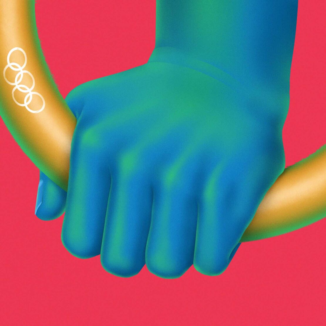 Digitally rendered illustration of a blue-green hand holding a gold tube with the Olympic rings emblem against a salmon background.