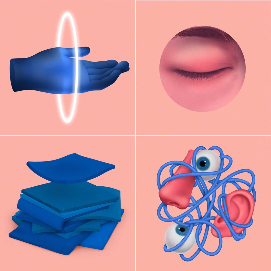 Abstract image showcases a blue hand with a glowing circle, a closed eye in a pink circle, blue squares, and floating body parts.
