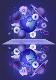 Surreal digital illustration by Alex William featuring a floating earth globe, planets, eyeballs, and flowers mirrored on a grid plane in purple hues.