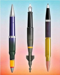 Three detailed illustrations of pens designed to look like military munitions against a gradient sky background.