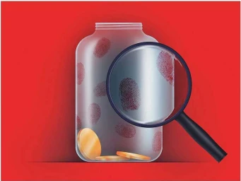 Digital illustration of a clear glass jar containing gold coins and covered in red fingerprints viewed through a magnifying glass against a solid red background