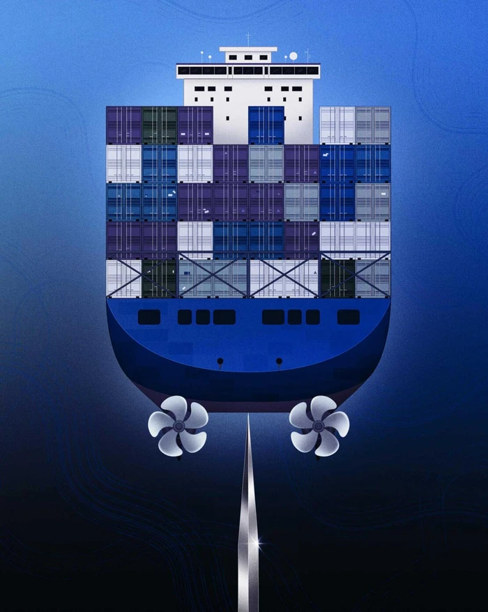 Digital illustration of a cargo ship bow stacked with colorful containers and twin propellers against blue background