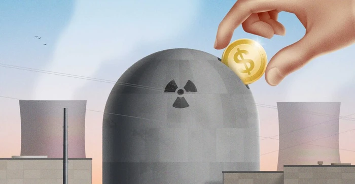 Digital illustration of a giant hand dropping a gold dollar coin into a nuclear reactor dome by Alex William.