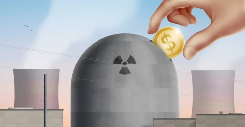 Digital illustration of a giant hand dropping a gold dollar coin into a nuclear reactor dome by Alex William.