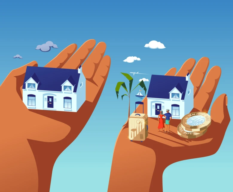 Digital art of two hands holding miniature houses, a couple, luggage, coins, a palm tree, sailboat, and airplane against a blue sky.