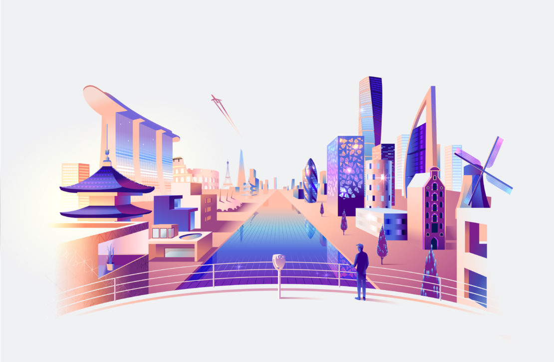 Stylized vector art of global landmarks and skyscrapers, with a lone person on a viewing platform overlooking the cityscape illustration.