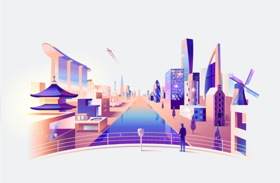 Stylized vector art of global landmarks and skyscrapers, with a lone person on a viewing platform overlooking the cityscape illustration.