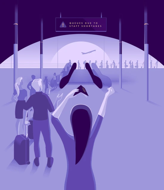 Illustration of travelers at an airport with an out-of-service escalator, airline passengers, luggage, and a sign indicating staff shortages.