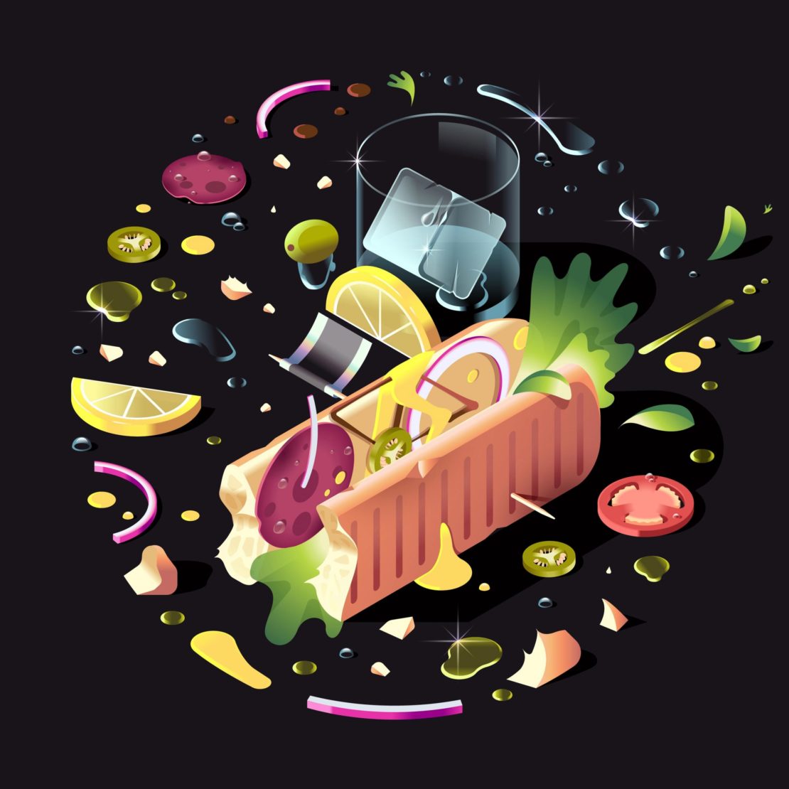 Illustration of a stylized sandwich with lemon, onion, tomato, olive, and other garnishes, next to a glass of water and ice, on black background.