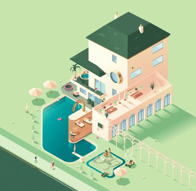 Isometric architectural render of a luxury house with a pool, mini golf, and lush green lawn in a bright, cheerful color palette.