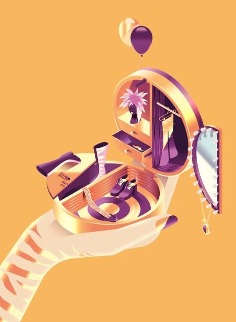 Illustrated hand holding miniature wardrobe, makeup, shoes, and jewelry, balloons above, set against a bright-orange background.