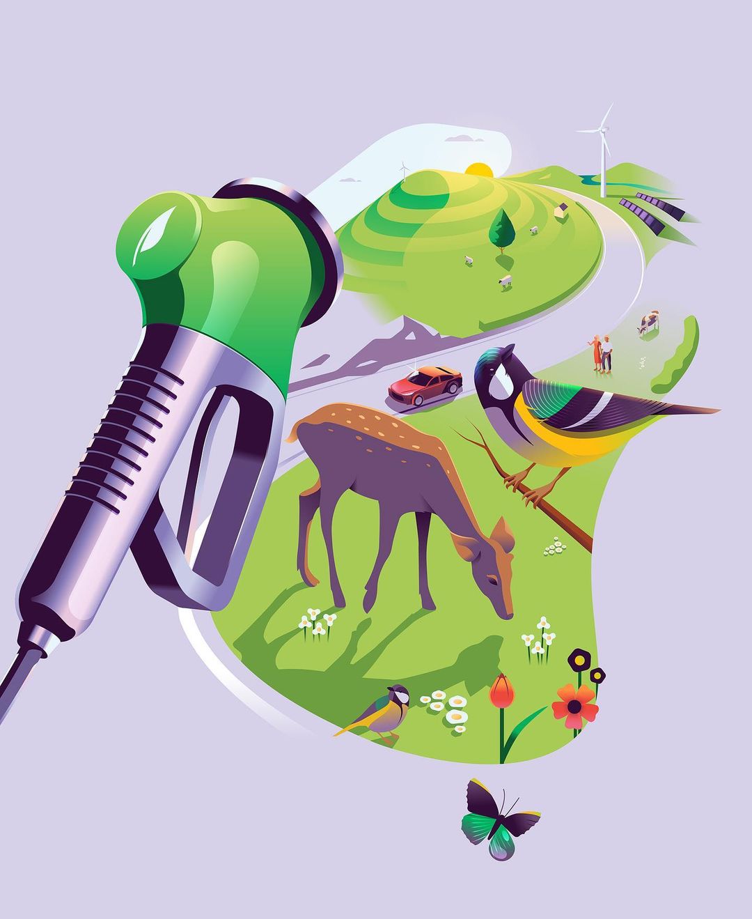 Illustration of a fuel nozzle with a leaf on it, surrounded by an idyllic rural landscape with animals, flowers, and renewable energy.