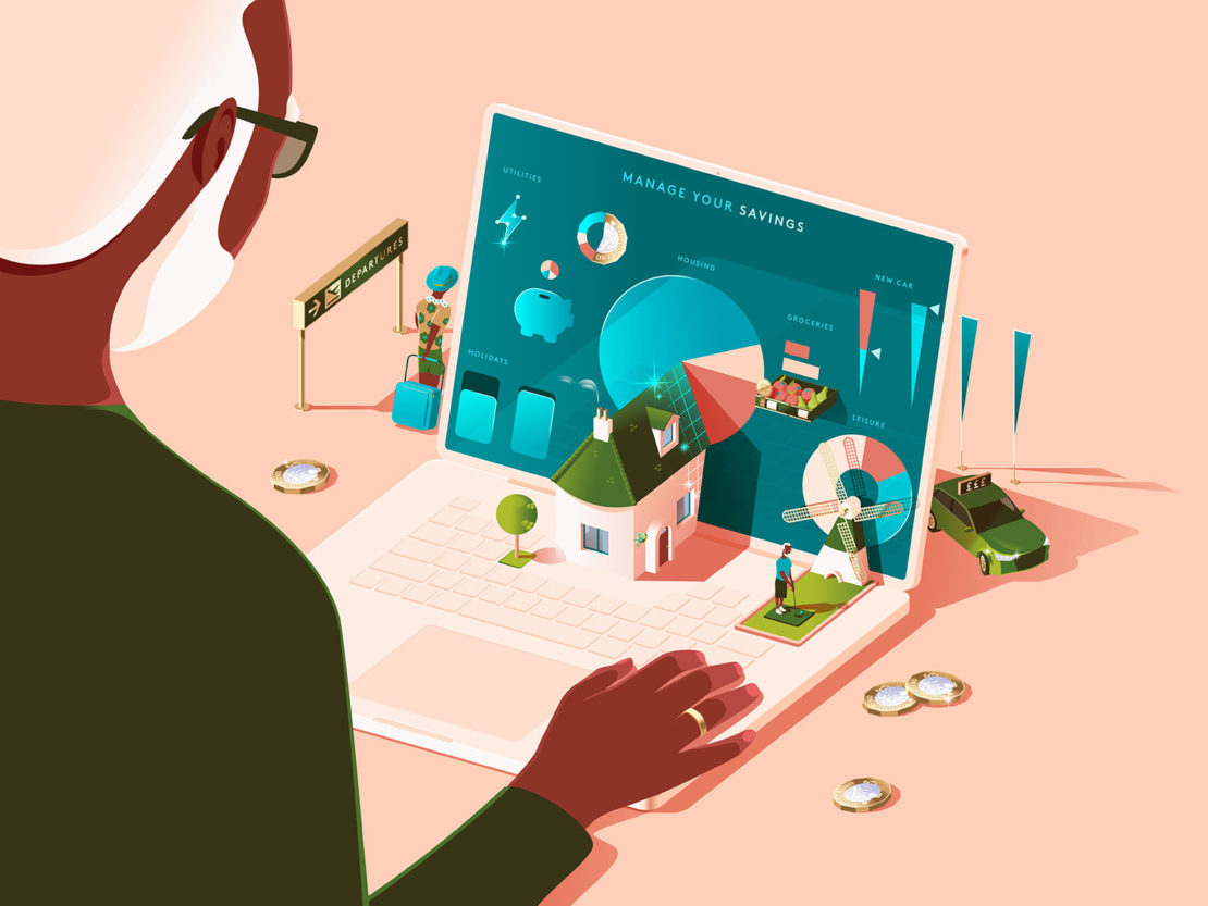 Illustration of a person using a laptop showing travel, housing, and grocery icons indicating savings, on a peach-colored surface.