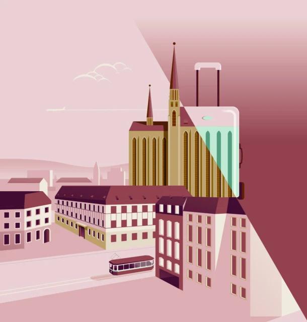 Illustration of a city skyline with a church and buildings, next to a suitcase on wheels, evokes travel and destination themes.