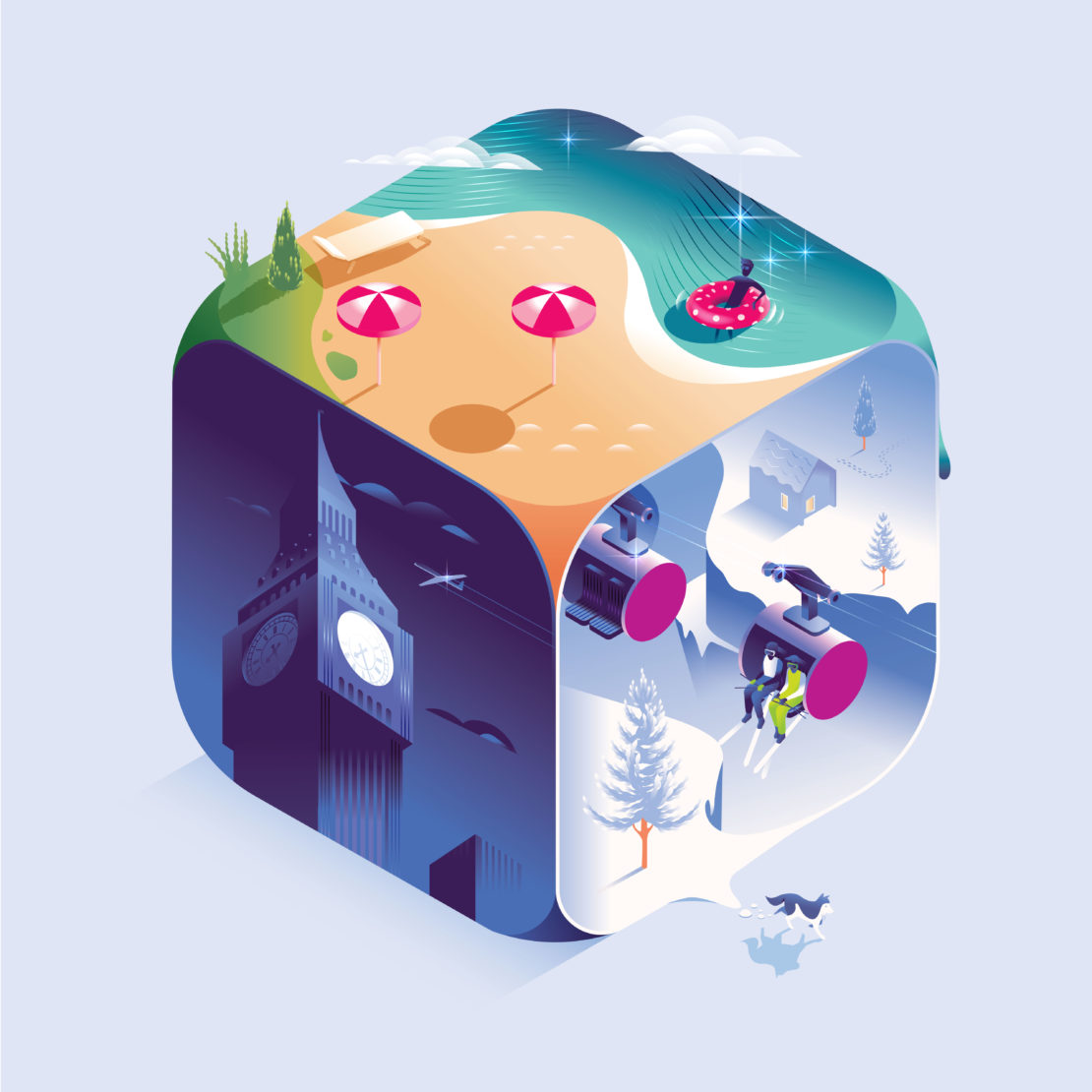 Isometric illustration featuring vacation destinations: beach scene with ocean, Big Ben in London, a snowy mountain with ski gondolas.