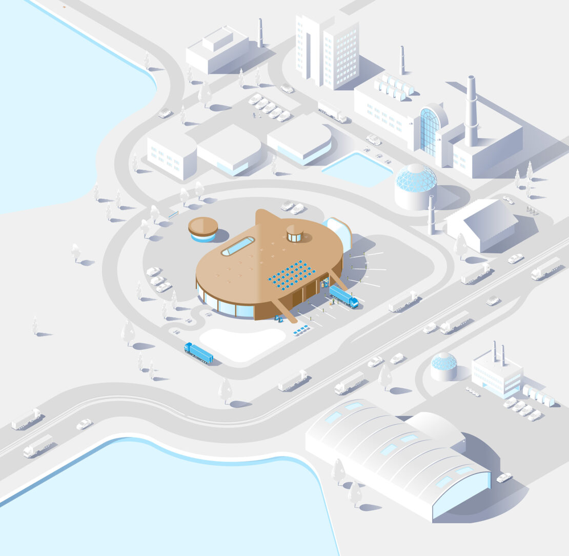 Aerial schematic illustration of a modern distribution hub with trucks, buildings, roads, and a nearby river.