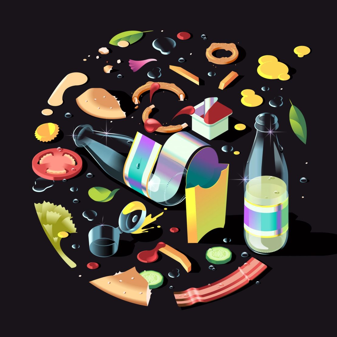 Stylized illustration of fast food ingredients arranged in a circle on a black background, including fries, condiments, and burger parts.