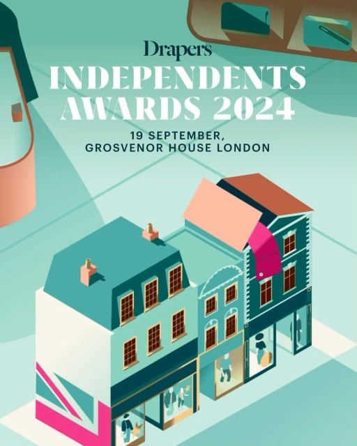 Stylized graphic illustration promoting the Drapers Independents Awards 2024, featuring illustrative buildings and event details.
