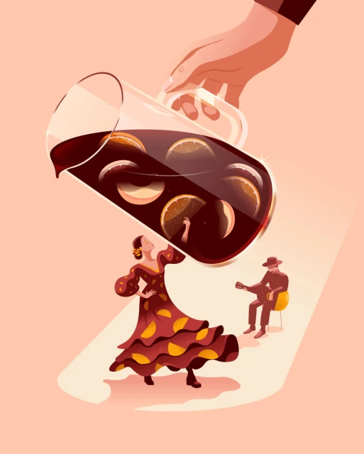 Illustration of a flamenco dancer in a red and yellow dress and a musician playing guitar, with a pitcher of sangria overhead.
