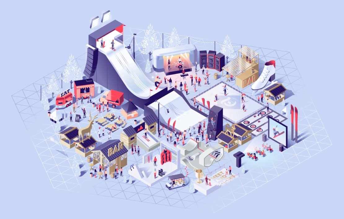 Illustration of a winter festival featuring a ski jump, ice rink, food trucks, shops, and many people, all set against a light blue backdrop.