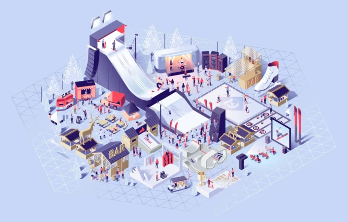 Illustration of a winter festival featuring a ski jump, ice rink, food trucks, shops, and many people, all set against a light blue backdrop.