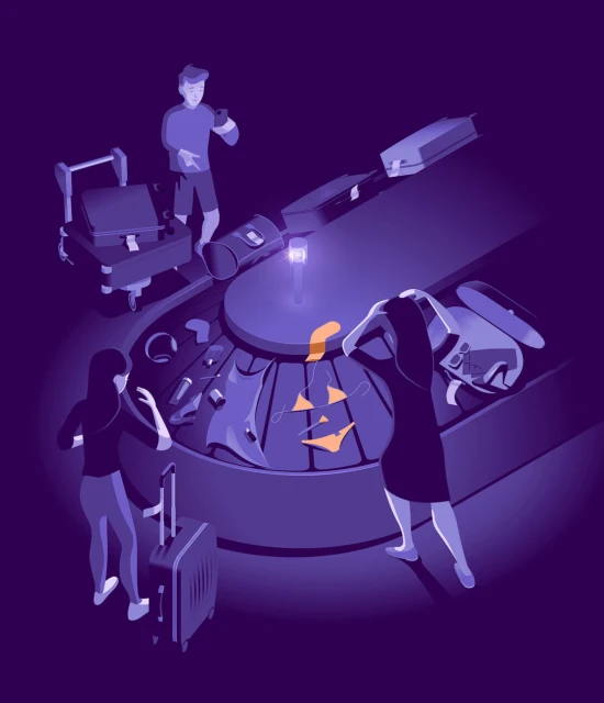 Cartoon illustration of travelers waiting near an airport baggage carousel for their luggage to arrive; dark purple hues dominate.