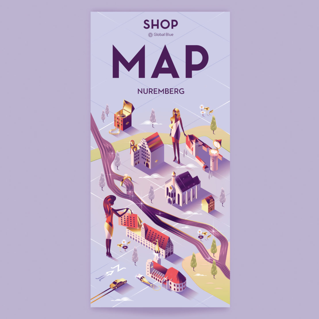 Stylized map of Nuremberg with miniature buildings, roads, and figures, presented in a flat, illustrative design with a violet color scheme.